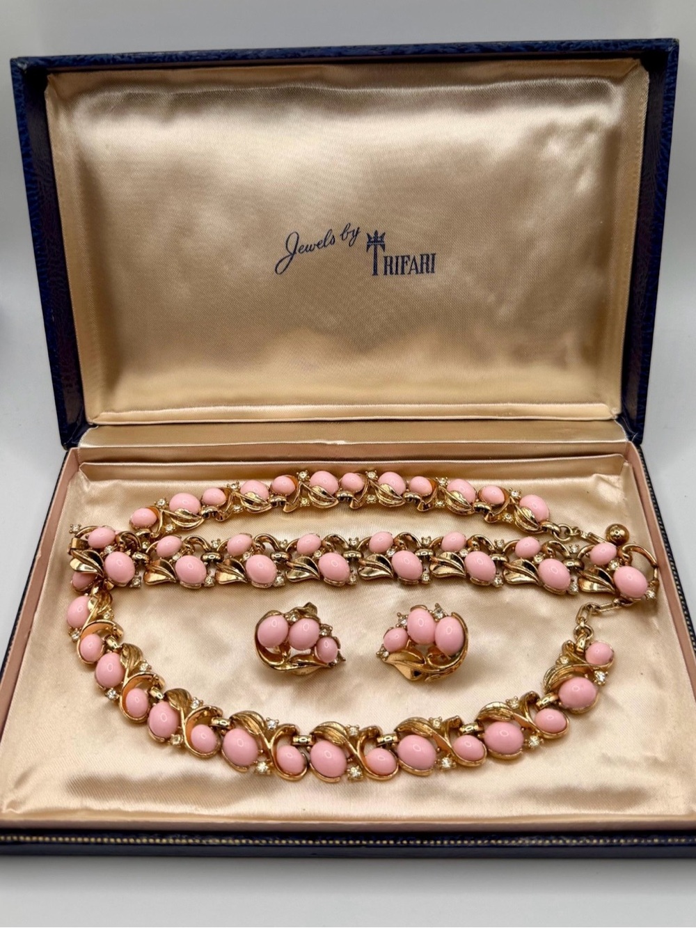 Signed Crown Trifari Pink Cabochon Rhinestone Jewelry Set - Picture 1 of 12